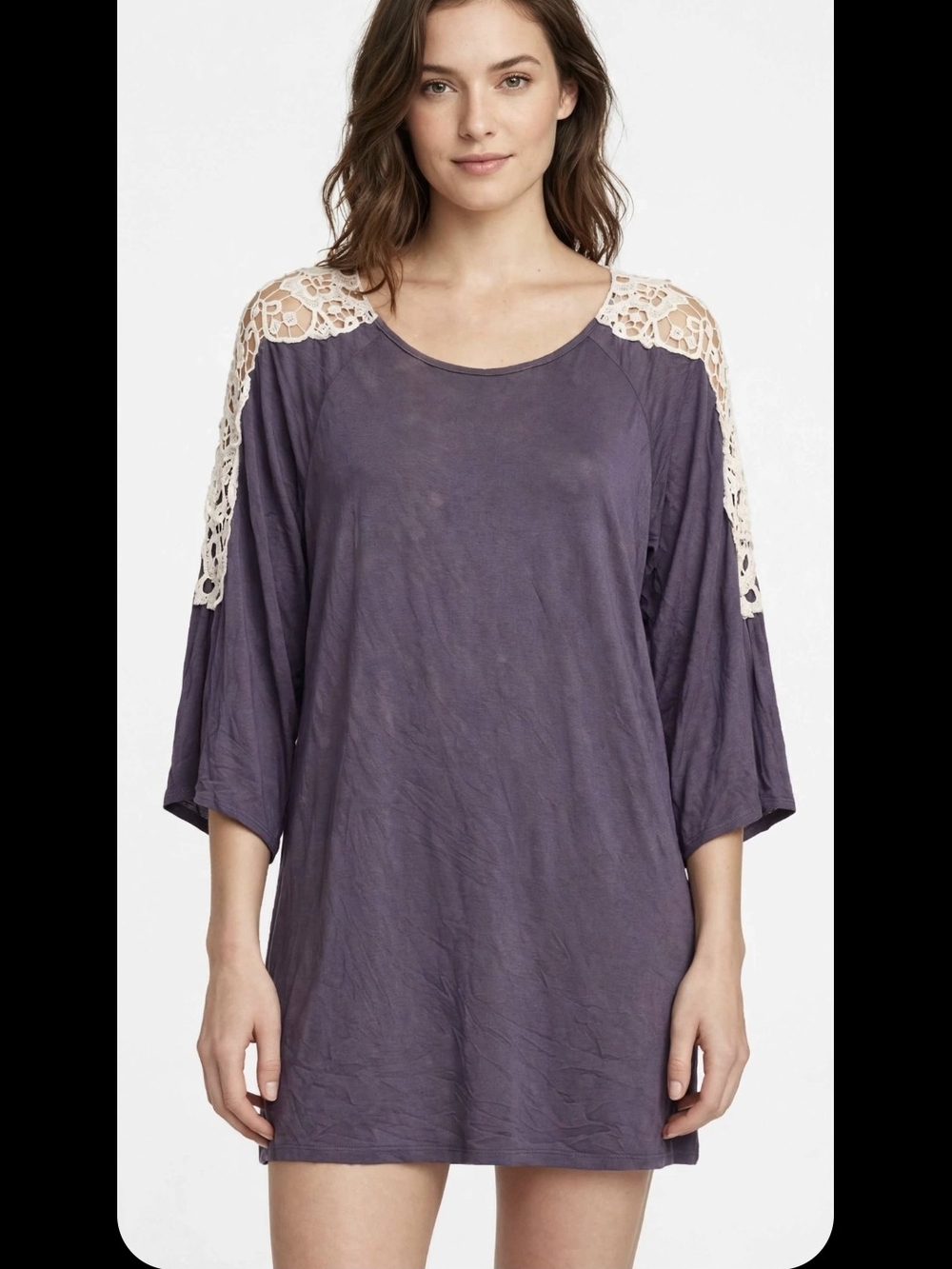 Boho Lace-Shoulder Tunic Top - Purple